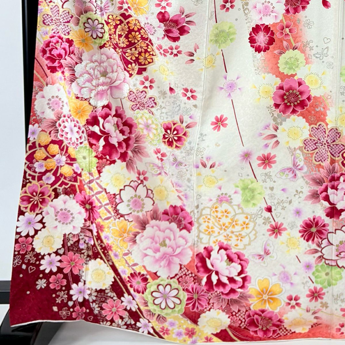 振袖禮服 身長170cm 袖長67.5cm L 雙層 牡丹 櫻花 刺繡 銀通 金銀彩 純蠶絲 名品級