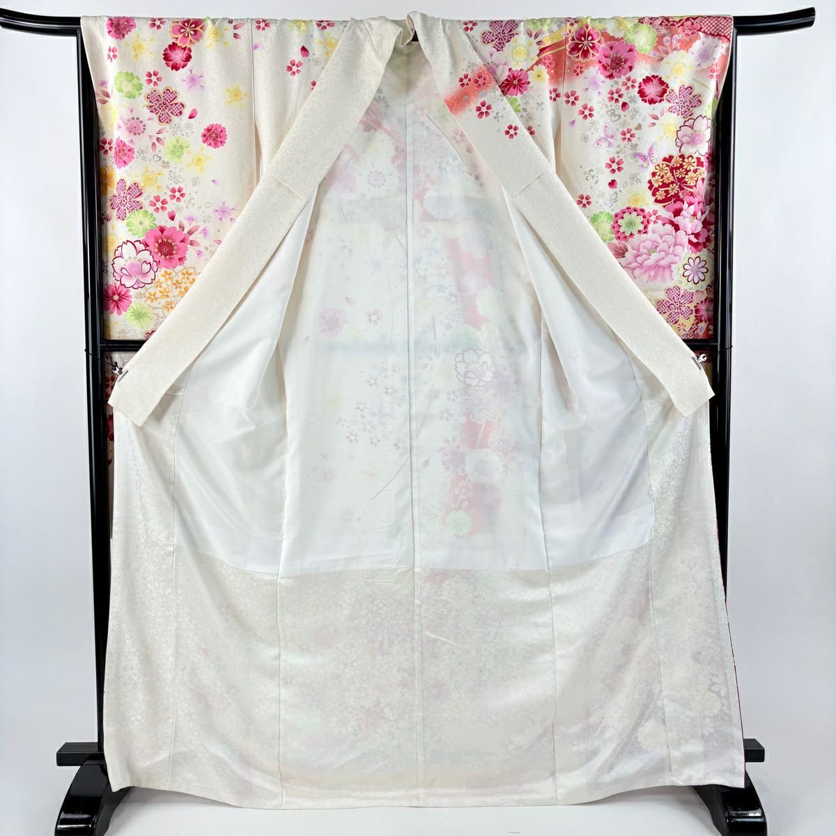 振袖禮服 身長170cm 袖長67.5cm L 雙層 牡丹 櫻花 刺繡 銀通 金銀彩 純蠶絲 名品級