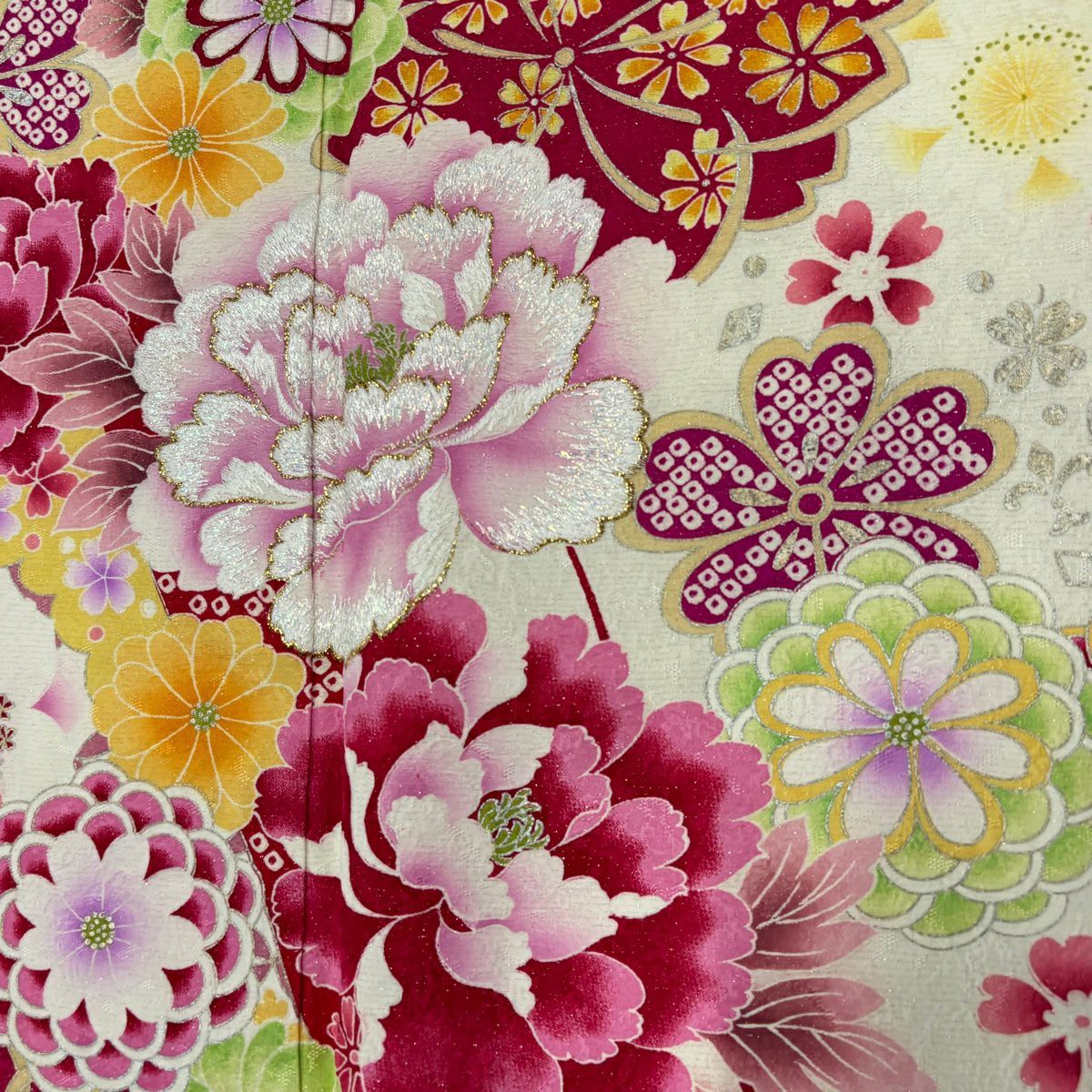 振袖禮服 身長170cm 袖長67.5cm L 雙層 牡丹 櫻花 刺繡 銀通 金銀彩 純蠶絲 名品級