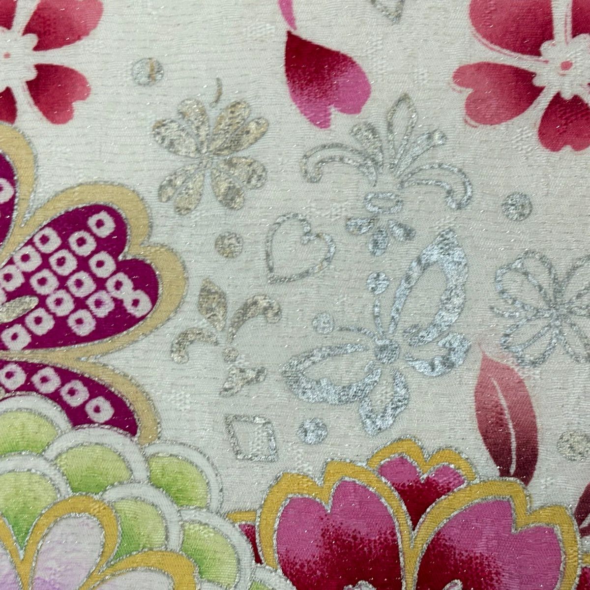 振袖禮服 身長170cm 袖長67.5cm L 雙層 牡丹 櫻花 刺繡 銀通 金銀彩 純蠶絲 名品級
