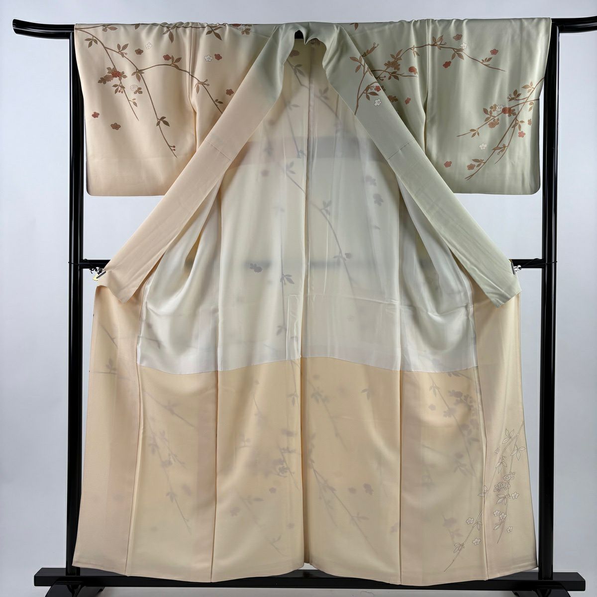 訪問服 身長157cm 袖長64.5cm M 雙層 梅花 菊花 金銀彩 漸層 淺綠 純蠶絲 名品級