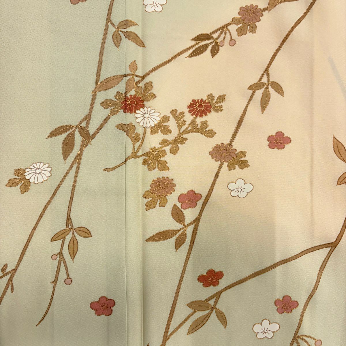 訪問服 身長157cm 袖長64.5cm M 雙層 梅花 菊花 金銀彩 漸層 淺綠 純蠶絲 名品級