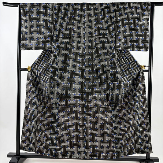 【美品】 紬織 身長158cm 袖長64cm M 雙層 鈕扣領 幾何圖案 墨色 純蠶絲 名品級