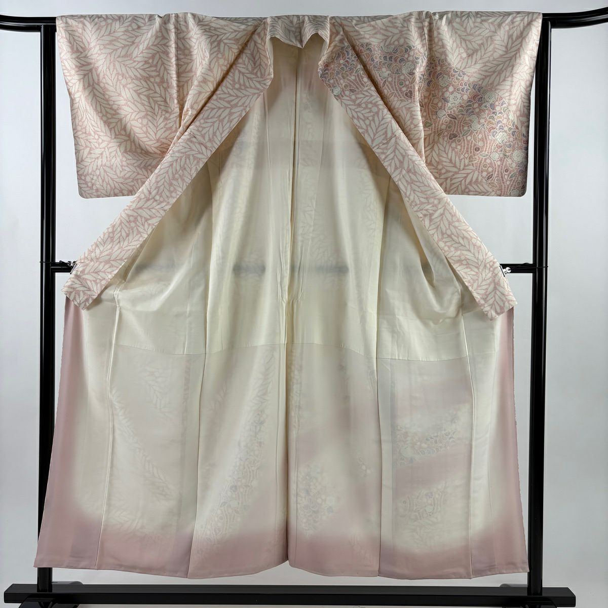 訪問服 身長153cm 袖長63cm S 雙層 紬織織 草花紋紋 葉柄 淺粉紅 純蠶絲 名品級