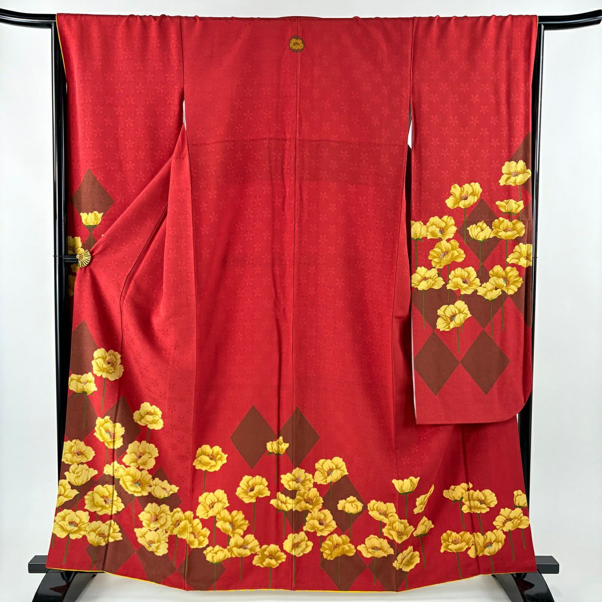振袖禮服 身長162.5cm 袖長66.5cm M 雙層 落款 草花紋紋 菱形 紅 純蠶絲 名品級 三つ紋