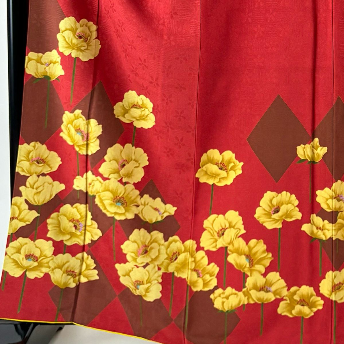 振袖禮服 身長162.5cm 袖長66.5cm M 雙層 落款 草花紋紋 菱形 紅 純蠶絲 名品級 三つ紋