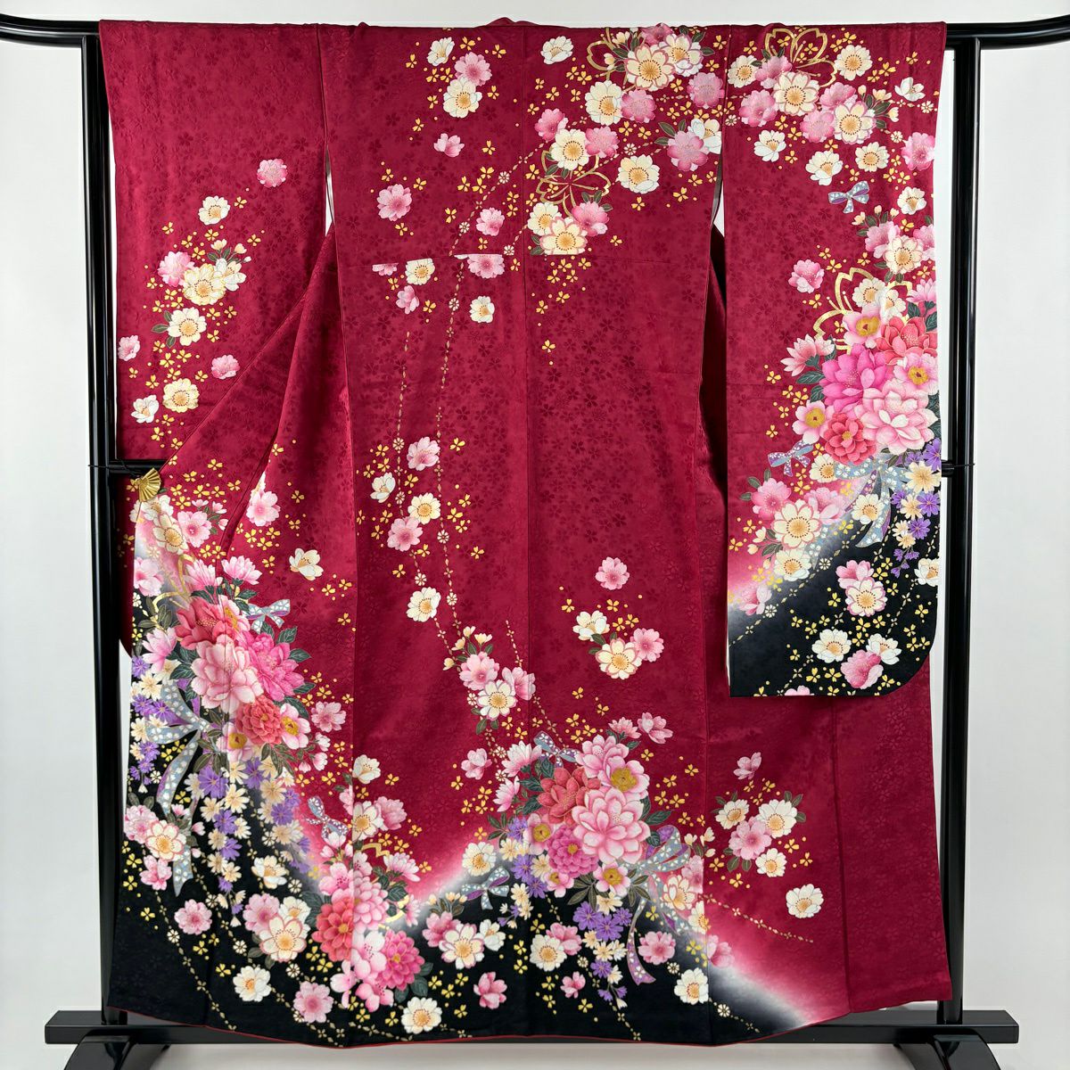 【美品】振袖禮服 身長157cm 袖長63.5cm S 雙層 草花紋紋 蝴蝶結 金銀彩 金金箔 深粉色 純蠶絲 名品級