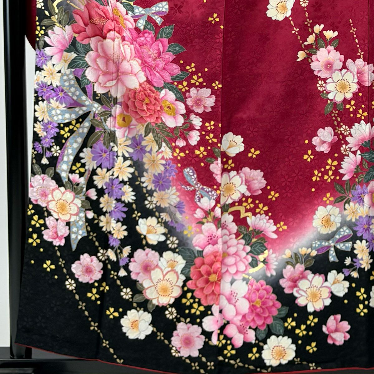 【美品】振袖禮服 身長157cm 袖長63.5cm S 雙層 草花紋紋 蝴蝶結 金銀彩 金金箔 深粉色 純蠶絲 名品級