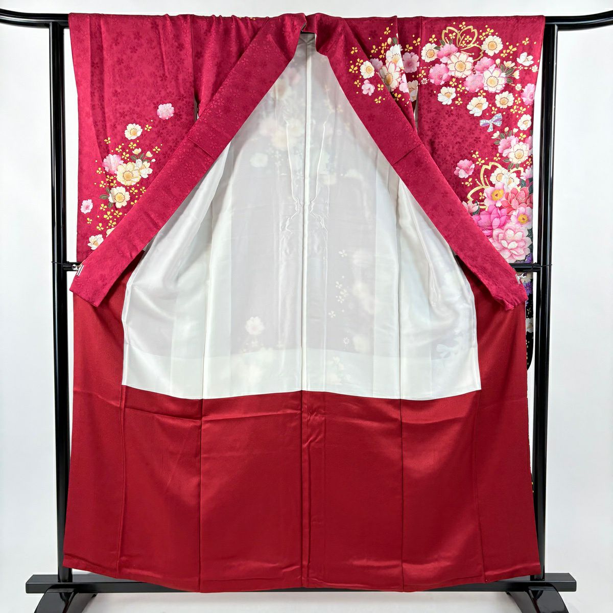 【美品】振袖禮服 身長157cm 袖長63.5cm S 雙層 草花紋紋 蝴蝶結 金銀彩 金金箔 深粉色 純蠶絲 名品級
