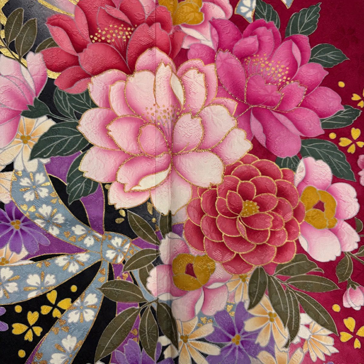 【美品】振袖禮服 身長157cm 袖長63.5cm S 雙層 草花紋紋 蝴蝶結 金銀彩 金金箔 深粉色 純蠶絲 名品級