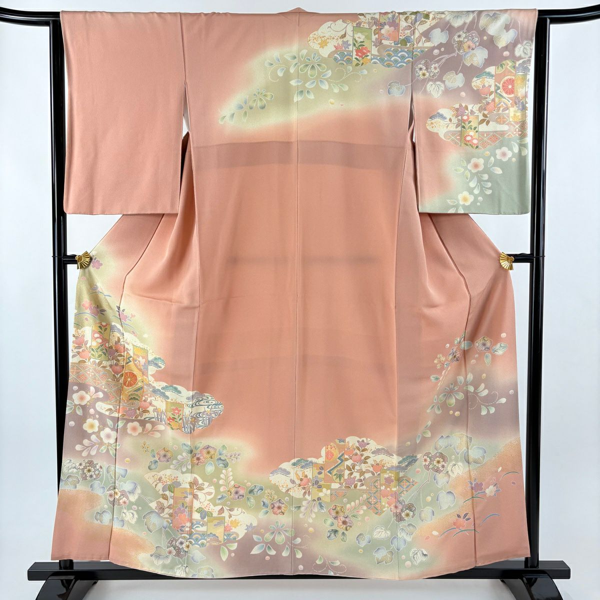 訪問服 身長158cm 袖長64cm M 雙層 短冊 草花紋紋 金絲 金銀彩 粉米色 純蠶絲 名品級