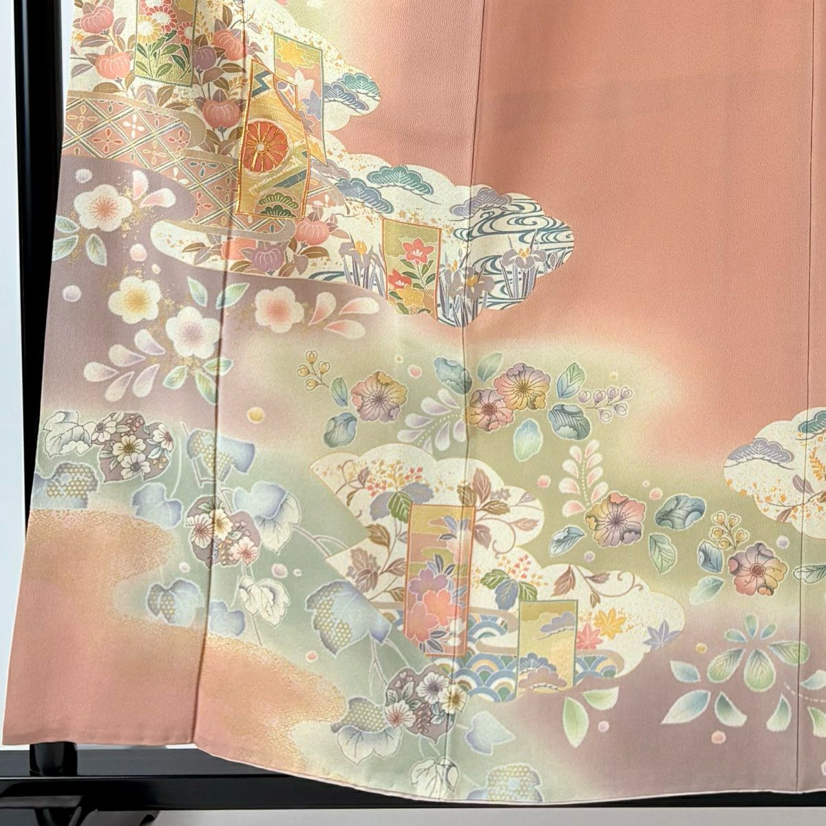 訪問服 身長158cm 袖長64cm M 雙層 短冊 草花紋紋 金絲 金銀彩 粉米色 純蠶絲 名品級