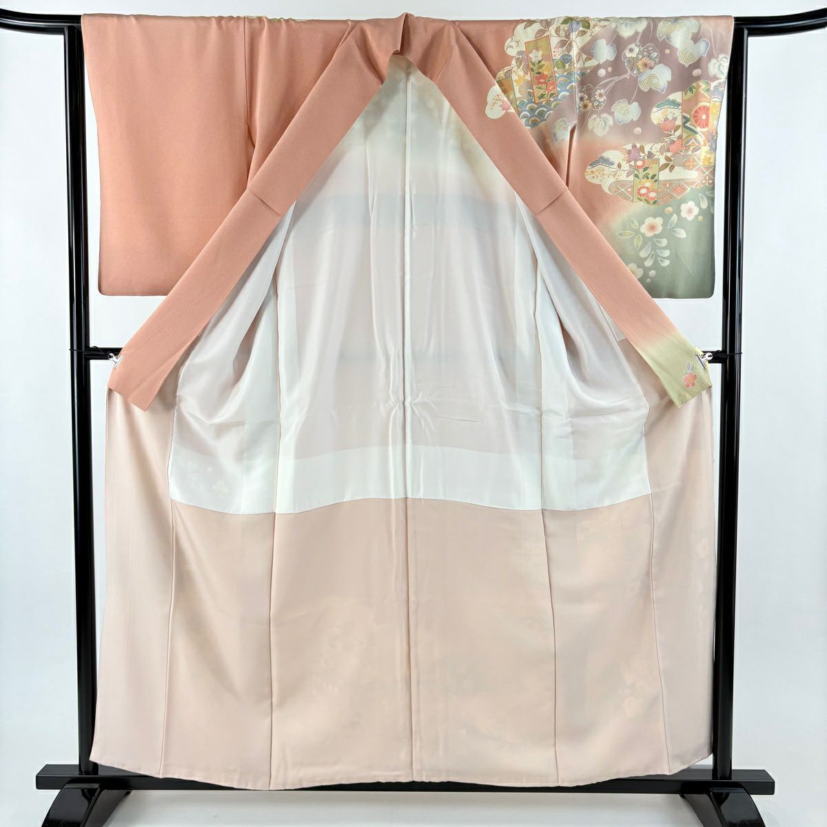 訪問服 身長158cm 袖長64cm M 雙層 短冊 草花紋紋 金絲 金銀彩 粉米色 純蠶絲 名品級