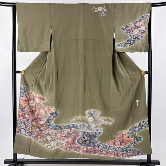 訪問服 身長153cm 袖長65cm M 雙層 翠山工房 落款あり 辻花染 霞 漸層 茶綠 純蠶絲 名品級