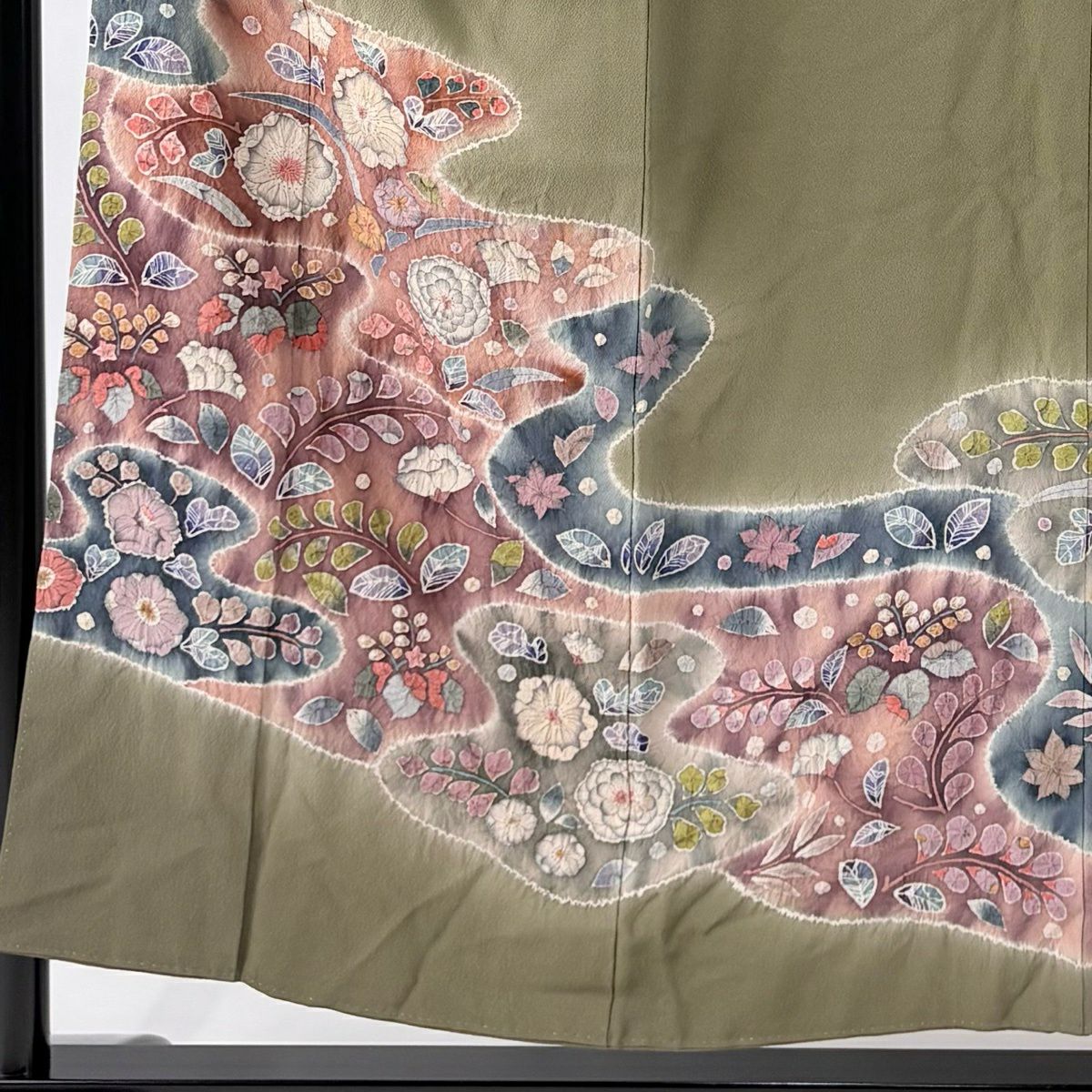 訪問服 身長153cm 袖長65cm M 雙層 翠山工房 落款あり 辻花染 霞 漸層 茶綠 純蠶絲 名品級