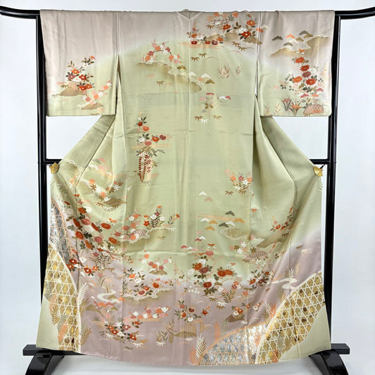 訪問服 身長163.5cm 袖長65.5cm M 雙層 草花紋紋 流水 金銀彩 染分 灰綠 純蠶絲 名品級