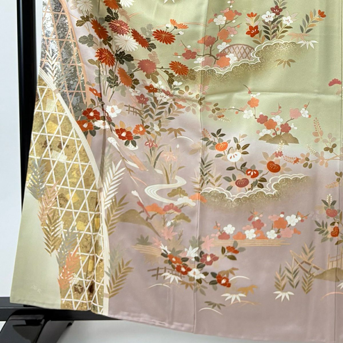 訪問服 身長163.5cm 袖長65.5cm M 雙層 草花紋紋 流水 金銀彩 染分 灰綠 純蠶絲 名品級