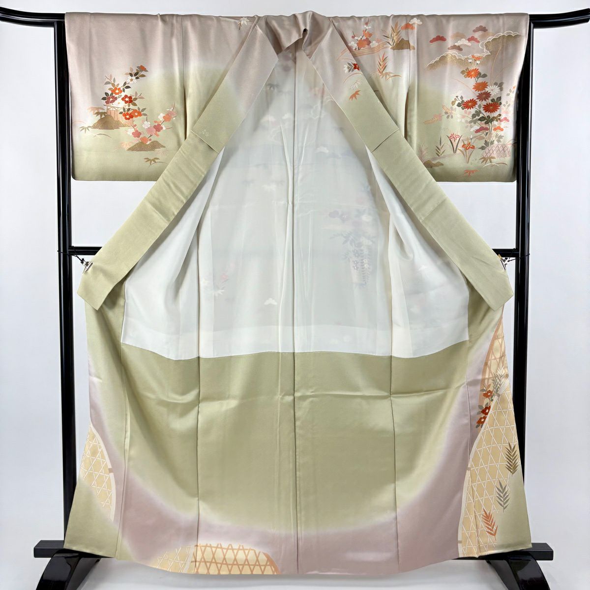 訪問服 身長163.5cm 袖長65.5cm M 雙層 草花紋紋 流水 金銀彩 染分 灰綠 純蠶絲 名品級