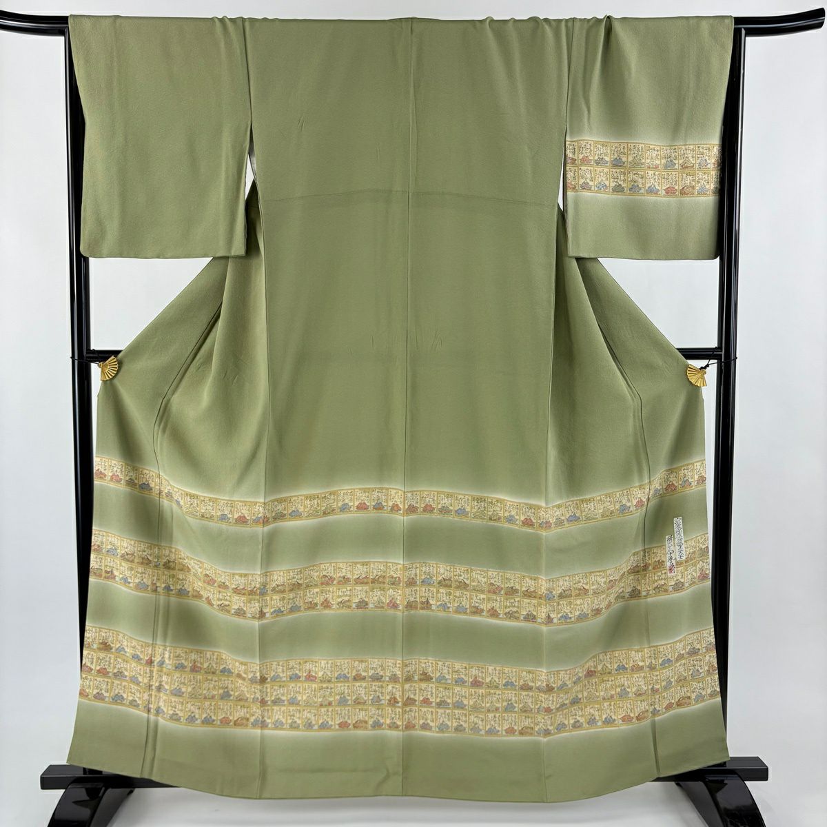 【美品】 付下 身長160cm 袖長67cm M 雙層 樽本伊勢蔵 有落款 百人一首 漸層 抹茶 純蠶絲 名品級