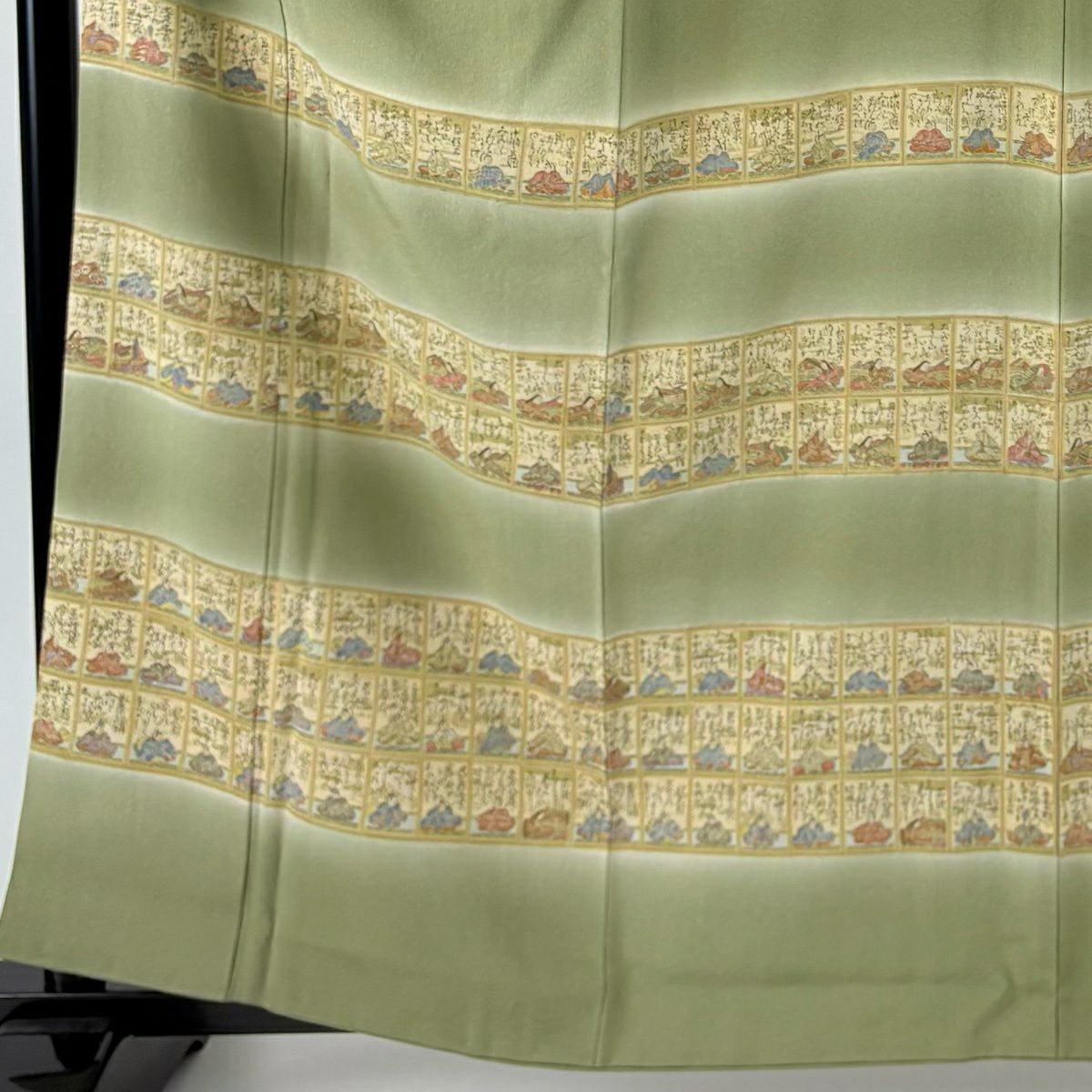 【美品】 付下 身長160cm 袖長67cm M 雙層 樽本伊勢蔵 有落款 百人一首 漸層 抹茶 純蠶絲 名品級