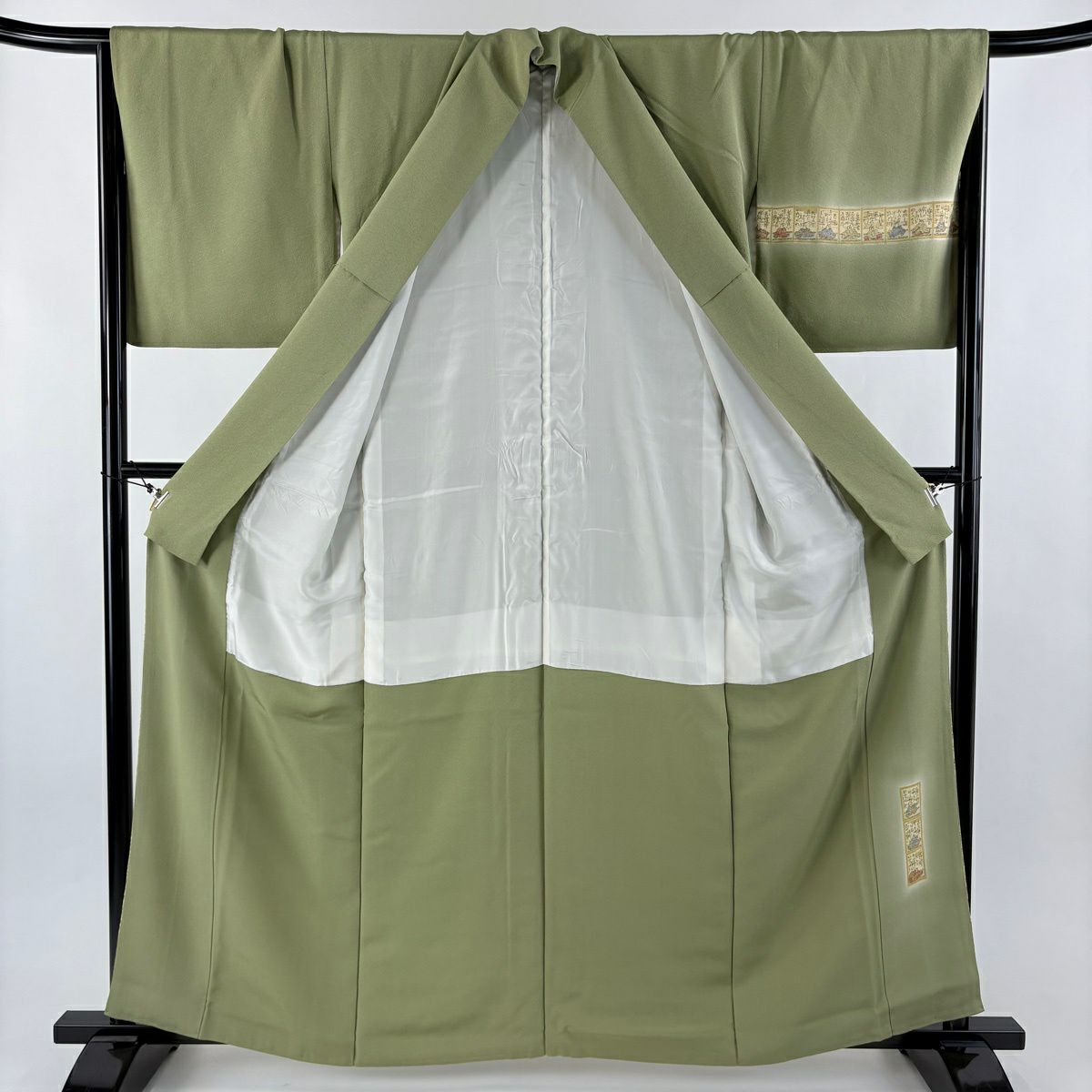 【美品】 付下 身長160cm 袖長67cm M 雙層 樽本伊勢蔵 有落款 百人一首 漸層 抹茶 純蠶絲 名品級