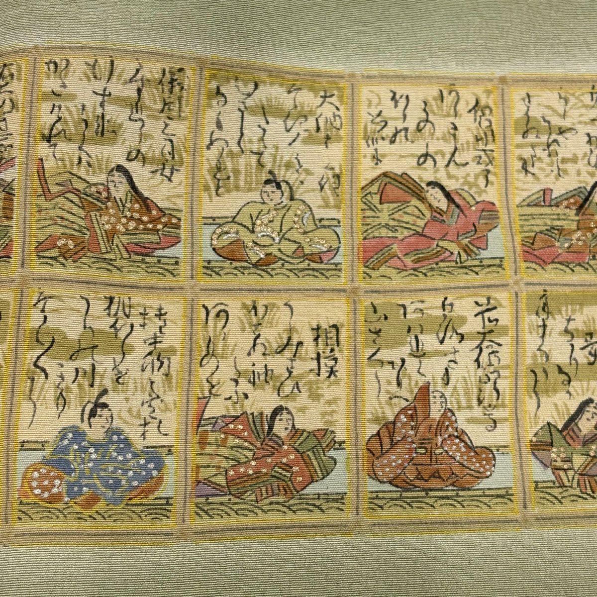 【美品】 付下 身長160cm 袖長67cm M 雙層 樽本伊勢蔵 有落款 百人一首 漸層 抹茶 純蠶絲 名品級