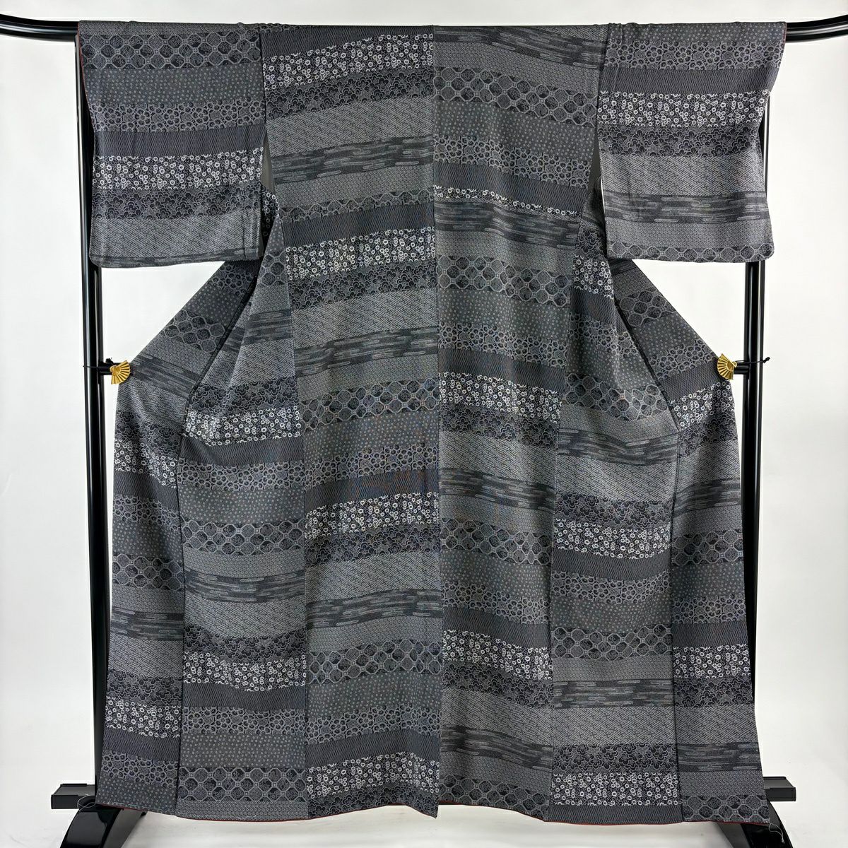 【美品】 小紋 身長161cm 袖長67.5cm L 雙層 寄せ柄 花唐草紋 墨 深藍 純蠶絲 名品級