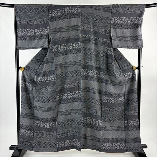 【美品】 小紋 身長161cm 袖長67.5cm L 雙層 寄せ柄 花唐草紋 墨 深藍 純蠶絲 名品級