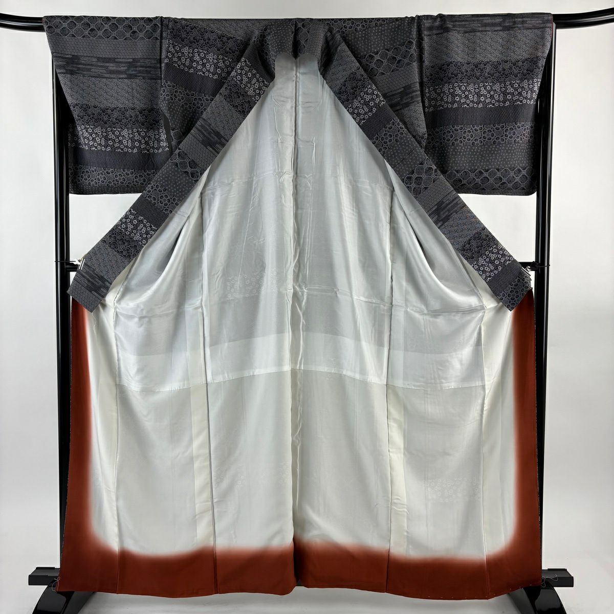 【美品】 小紋 身長161cm 袖長67.5cm L 雙層 寄せ柄 花唐草紋 墨 深藍 純蠶絲 名品級