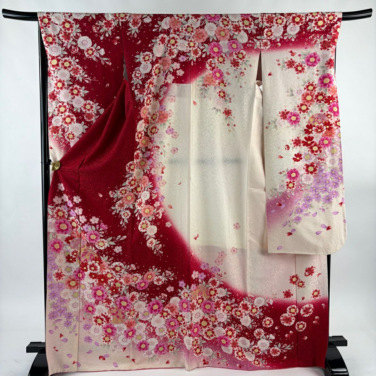 振袖禮服 身長170.5cm 袖長67cm M 雙層 草花紋紋 手鞠 金糸 銀通 紅 純蠶絲 名品級
