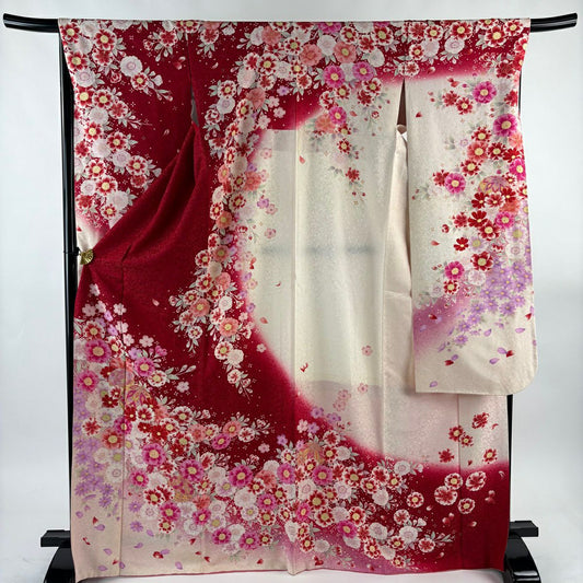 振袖禮服 身長170.5cm 袖長67cm M 雙層 草花紋紋 手鞠 金糸 銀通 紅 純蠶絲 名品級