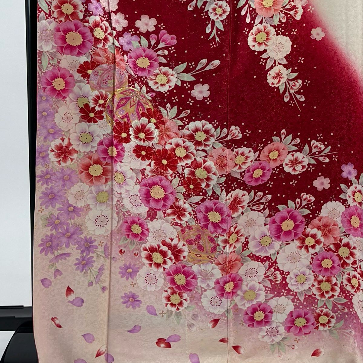 振袖禮服 身長170.5cm 袖長67cm M 雙層 草花紋紋 手鞠 金糸 銀通 紅 純蠶絲 名品級