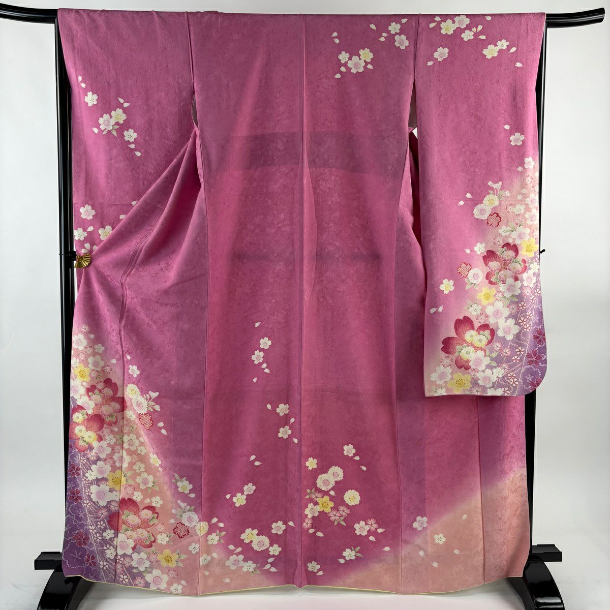 振袖禮服 身長167cm 袖長66cm M 雙層櫻花花瓣金彩裝飾漸層粉色純蠶絲名品級