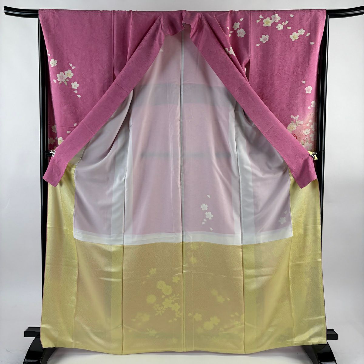 振袖禮服 身長167cm 袖長66cm M 雙層櫻花花瓣金彩裝飾漸層粉色純蠶絲名品級