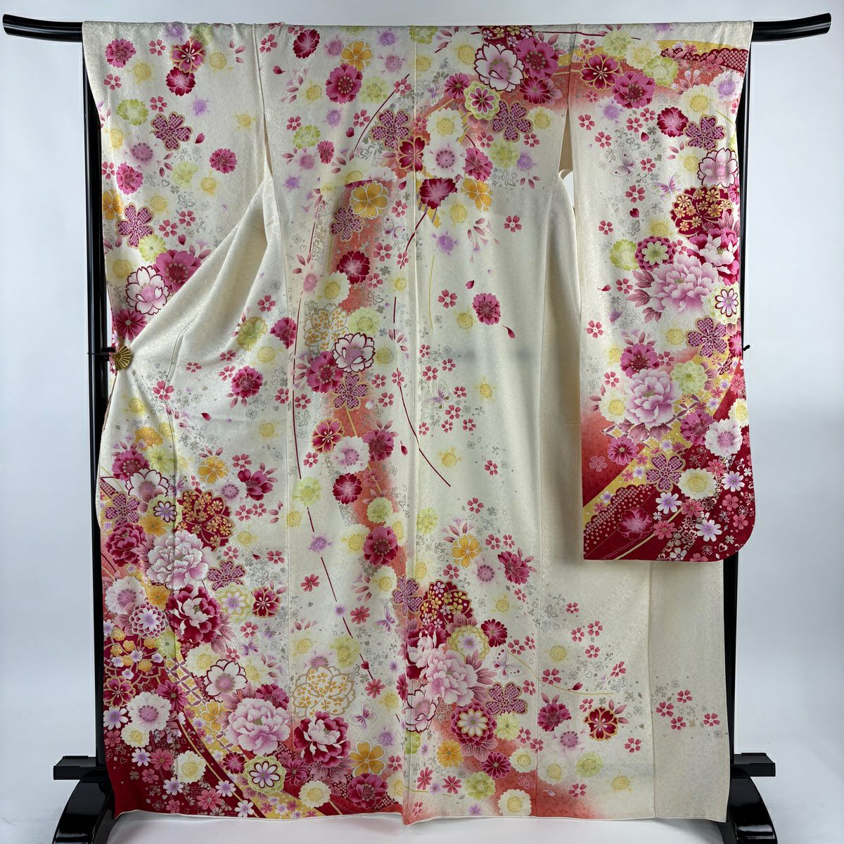 振袖禮服 身長169cm 袖長66.5cm M 雙層 牡丹 蝶 刺繡 銀通 Cream 純蠶絲 名品級