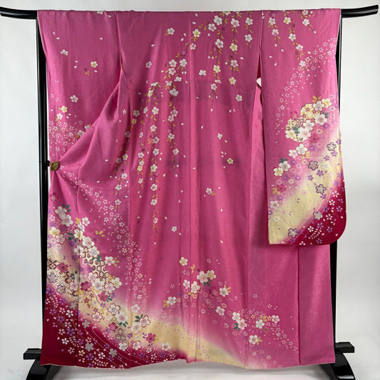 振袖禮服 身長163.5cm 袖長66cm M 雙層 垂枝櫻花 有職紋樣 金金箔 金銀彩 粉紅 純蠶絲 名品級