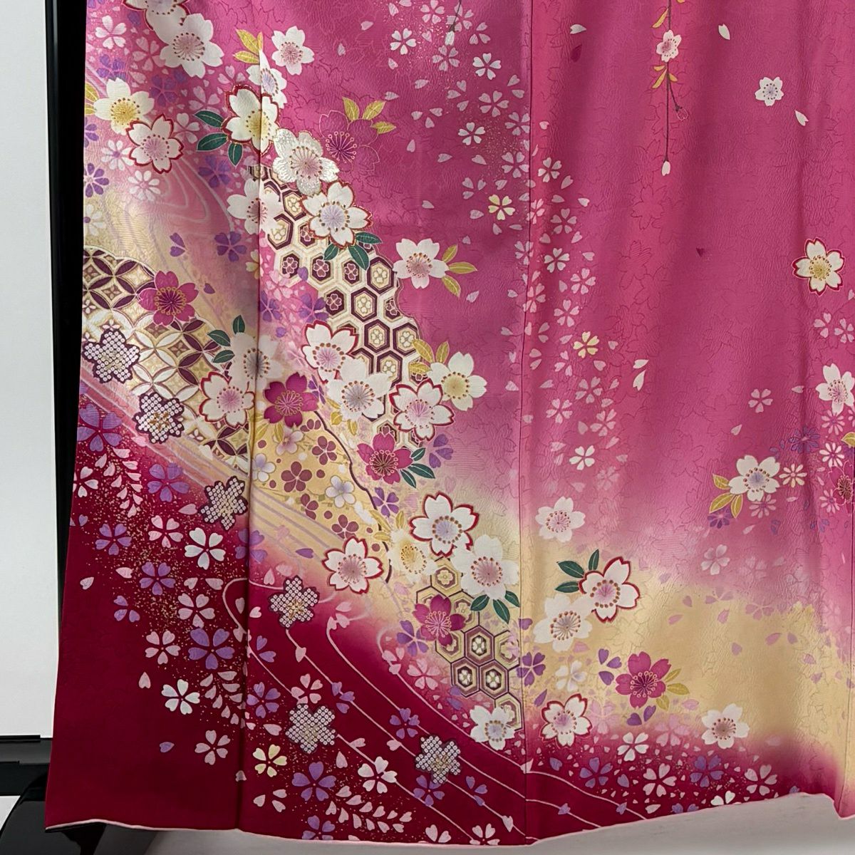 振袖禮服 身長163.5cm 袖長66cm M 雙層 垂枝櫻花 有職紋樣 金金箔 金銀彩 粉紅 純蠶絲 名品級