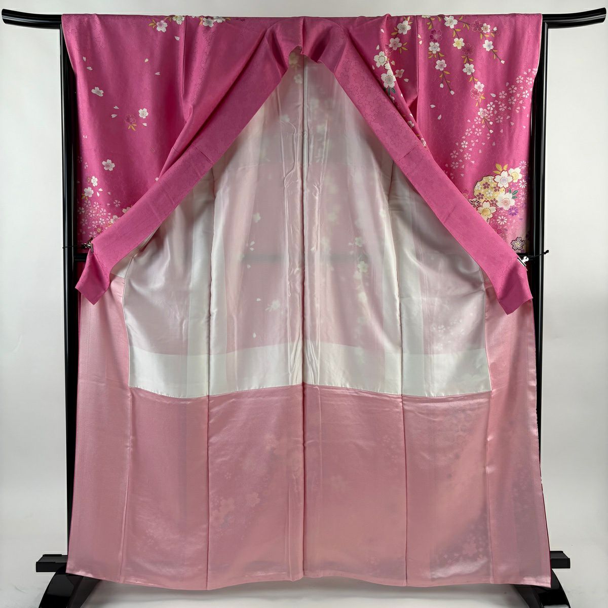 振袖禮服 身長163.5cm 袖長66cm M 雙層 垂枝櫻花 有職紋樣 金金箔 金銀彩 粉紅 純蠶絲 名品級