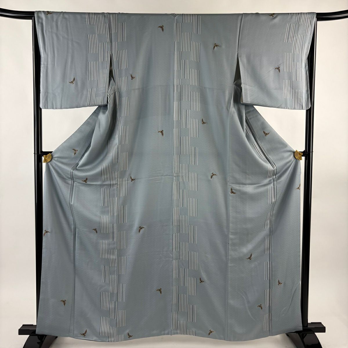 【美品】 小紋 身長162.5cm 袖長65.5cm M 雙層 鳥 縞 金銀彩 青灰 純蠶絲 名品級