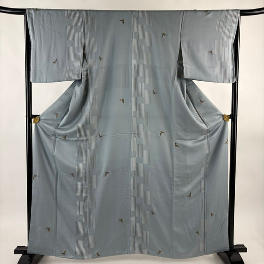 【美品】 小紋 身長162.5cm 袖長65.5cm M 雙層 鳥 縞 金銀彩 青灰 純蠶絲 名品級