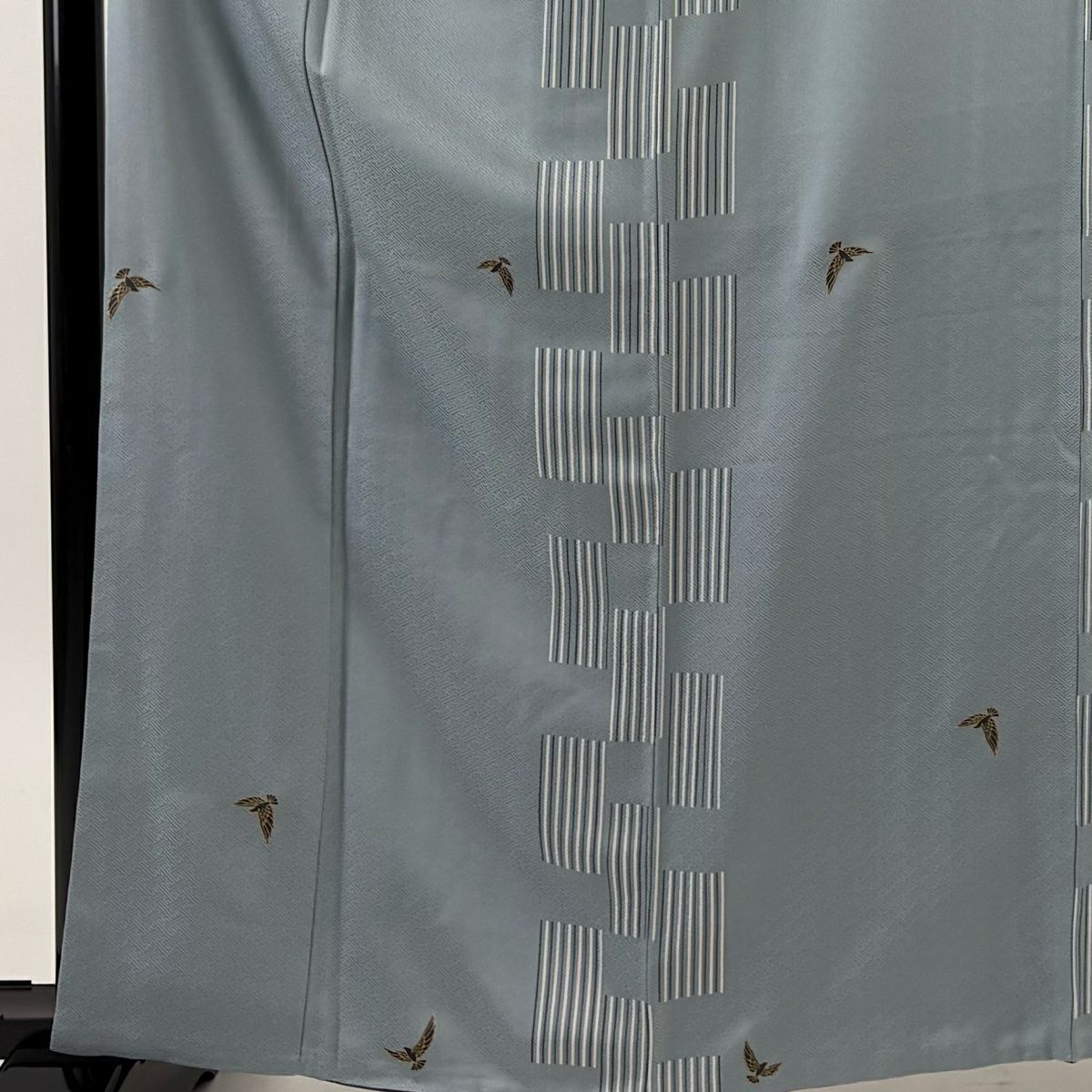 【美品】 小紋 身長162.5cm 袖長65.5cm M 雙層 鳥 縞 金銀彩 青灰 純蠶絲 名品級