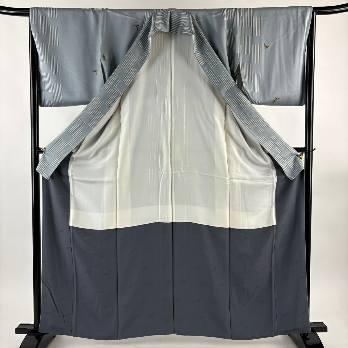【美品】 小紋 身長162.5cm 袖長65.5cm M 雙層 鳥 縞 金銀彩 青灰 純蠶絲 名品級