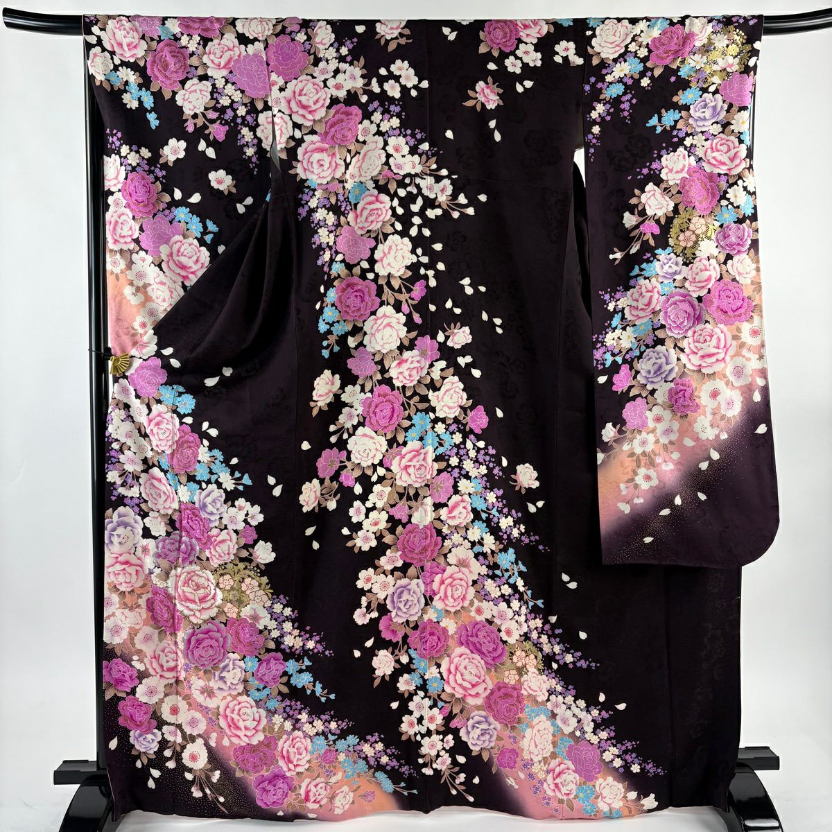 振袖禮服 身長169cm 袖長66.5cm M 雙層 牡丹 草花紋紋 金銀彩 刺繡 茶紫 純蠶絲 名品級