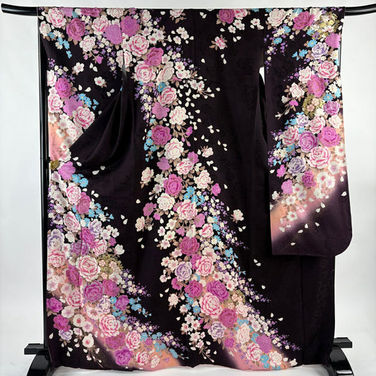 振袖禮服 身長169cm 袖長66.5cm M 雙層 牡丹 草花紋紋 金銀彩 刺繡 茶紫 純蠶絲 名品級