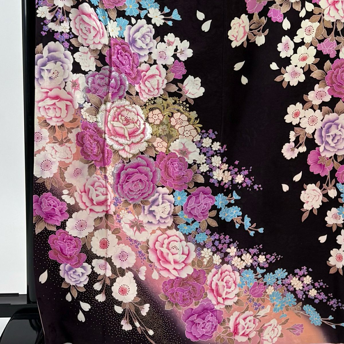 振袖禮服 身長169cm 袖長66.5cm M 雙層 牡丹 草花紋紋 金銀彩 刺繡 茶紫 純蠶絲 名品級
