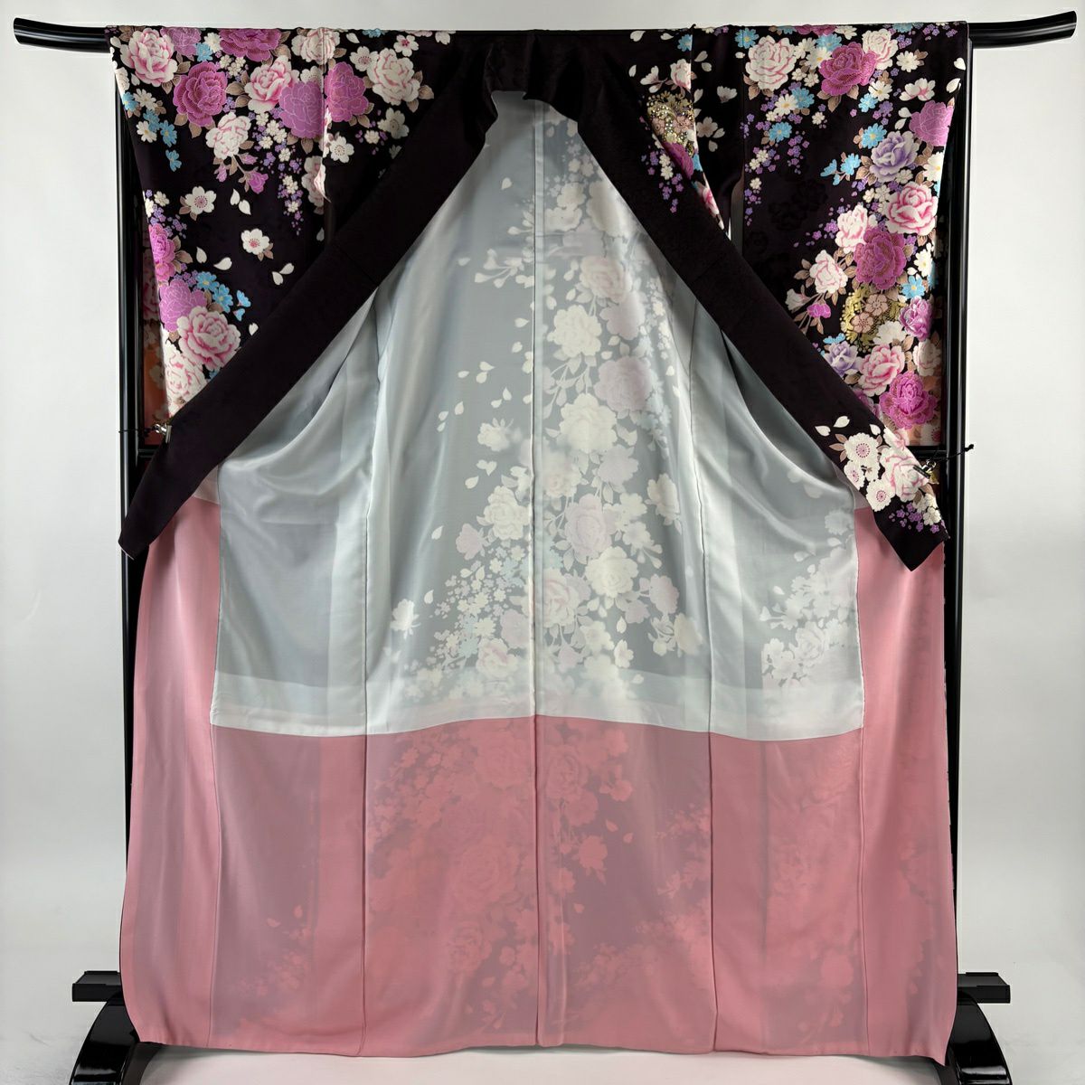 振袖禮服 身長169cm 袖長66.5cm M 雙層 牡丹 草花紋紋 金銀彩 刺繡 茶紫 純蠶絲 名品級