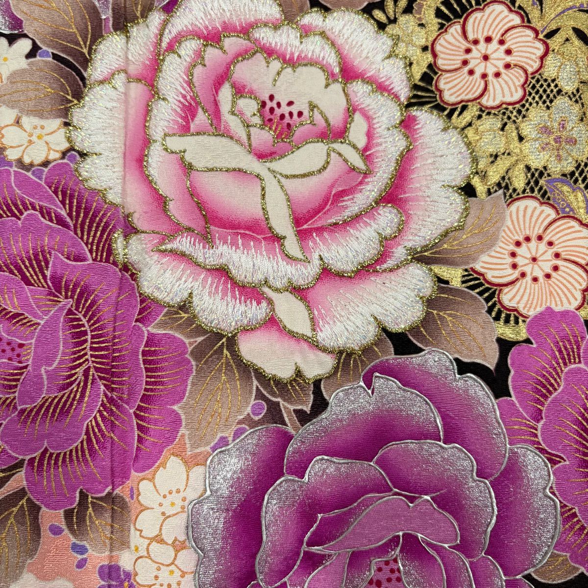 振袖禮服 身長169cm 袖長66.5cm M 雙層 牡丹 草花紋紋 金銀彩 刺繡 茶紫 純蠶絲 名品級