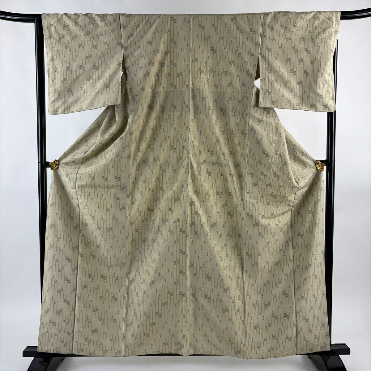 【美品】 紬織 身長161cm 袖長65cm M 雙層 垂直條紋 幾何圖案 米色 純蠶絲 名品級