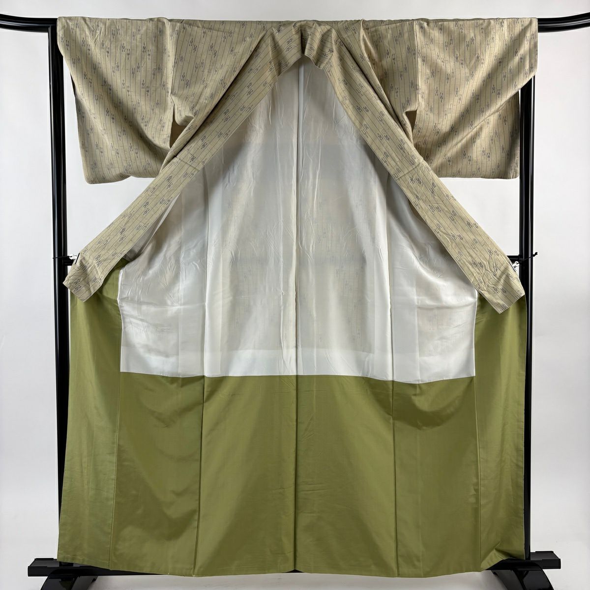 【美品】 紬織 身長161cm 袖長65cm M 雙層 垂直條紋 幾何圖案 米色 純蠶絲 名品級