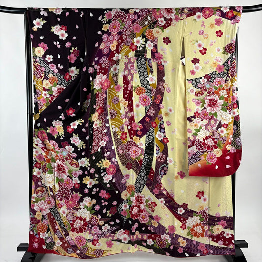 【美品】振袖禮服 身長162cm 袖長67cm M 雙層 牡丹 手鞠 金銀彩 深紫 純蠶絲 名品級